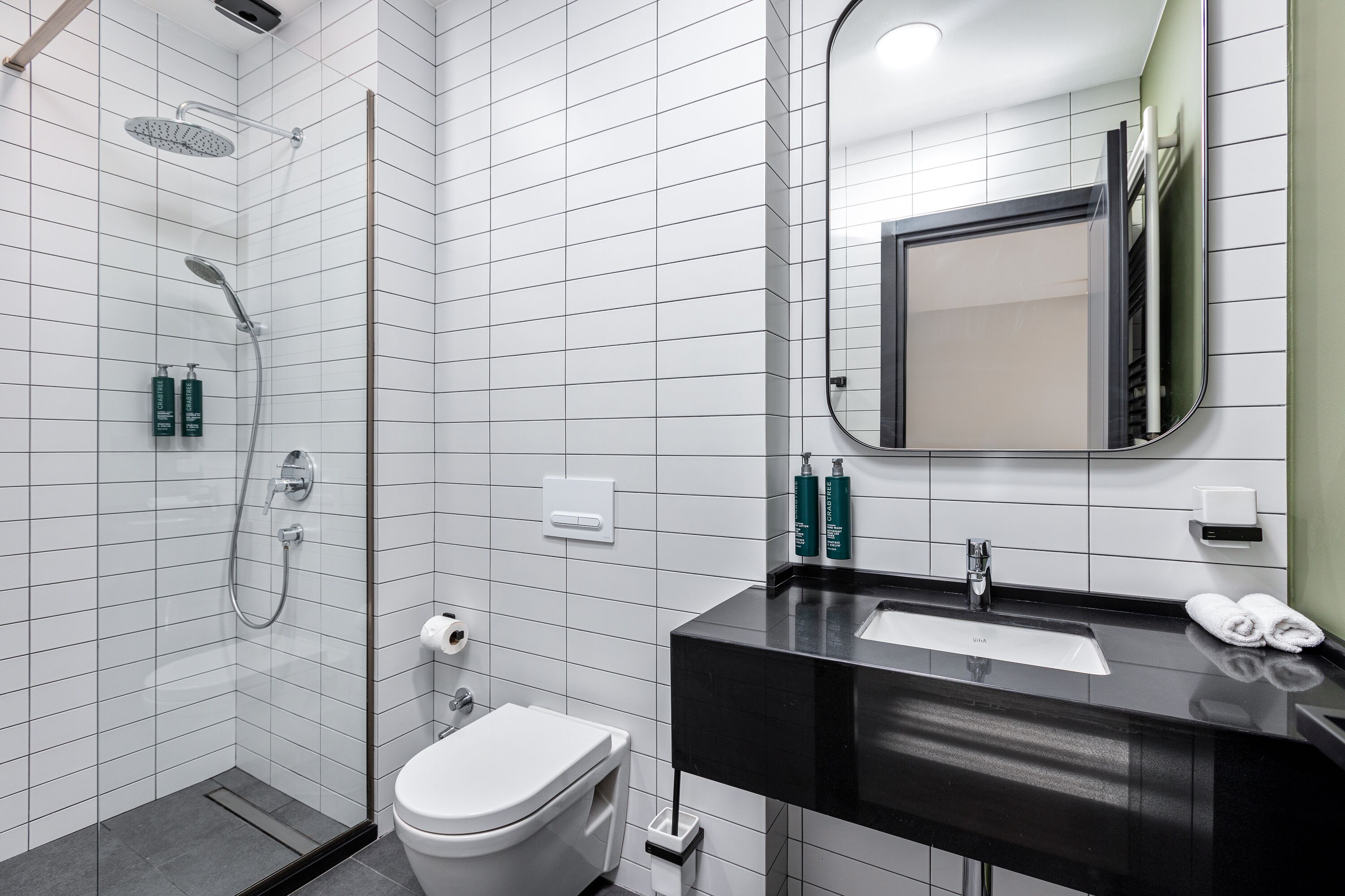 A modern bathroom with a shower, toilet, sink, and mirror.