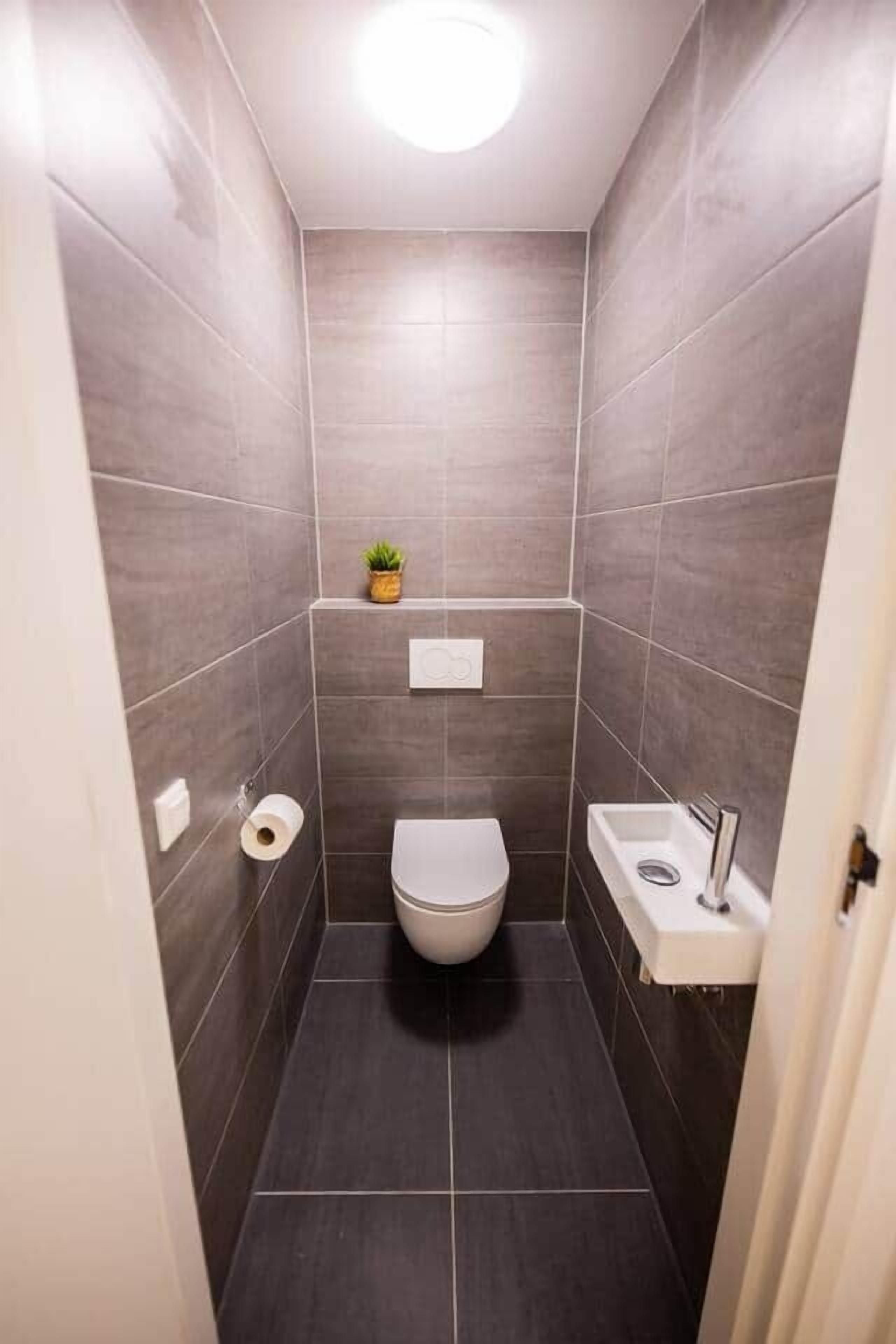 Een compacte, moderne badkamer met toilet, wastafel en een kleine plant aan de wand.