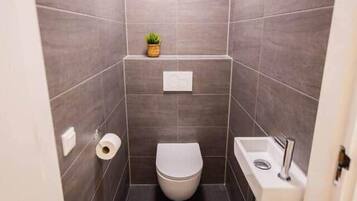 Een compacte, moderne badkamer met toilet, wastafel en een kleine plant aan de wand.