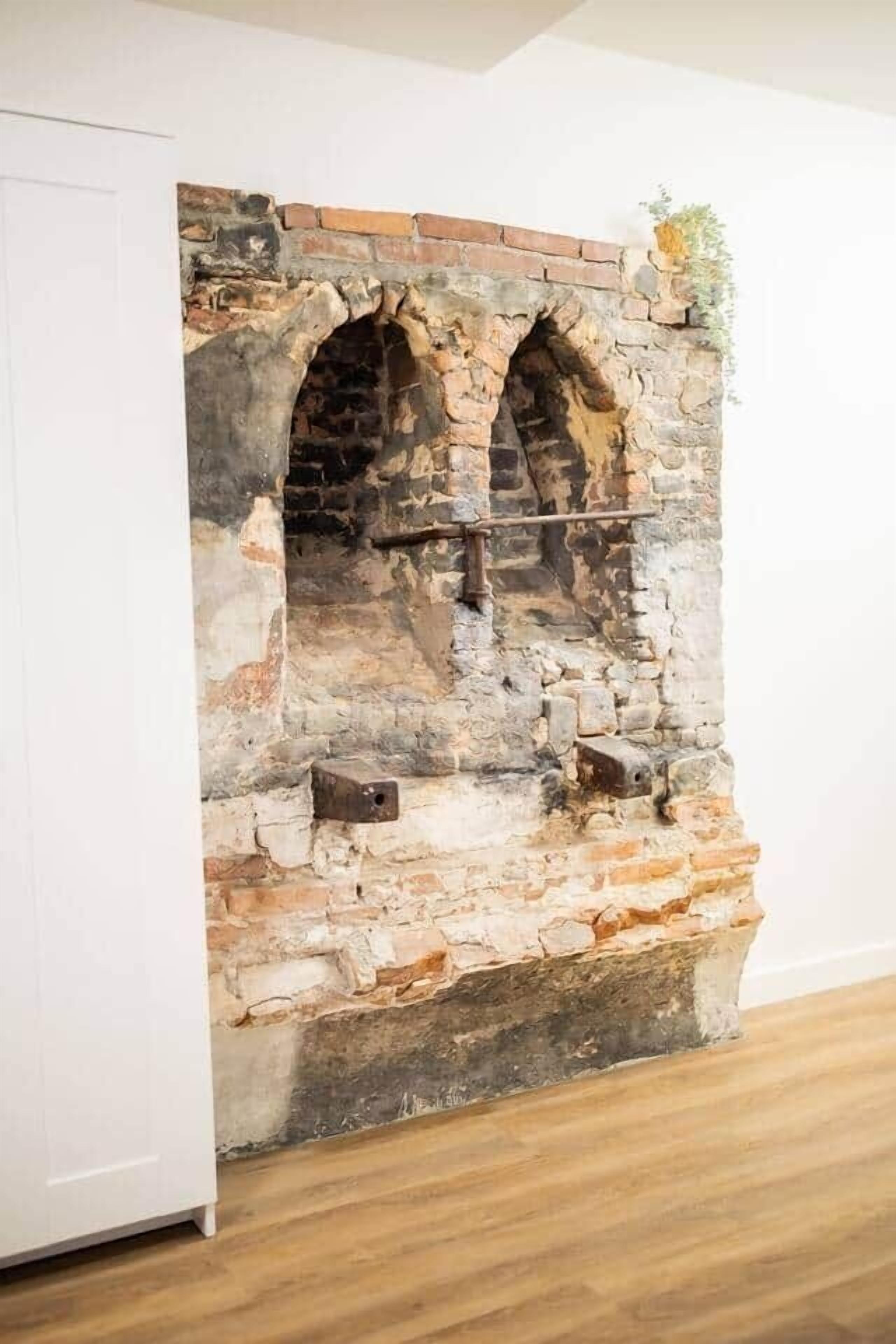 A stone fireplace with two arches, a metal bar, and a small plant on top.