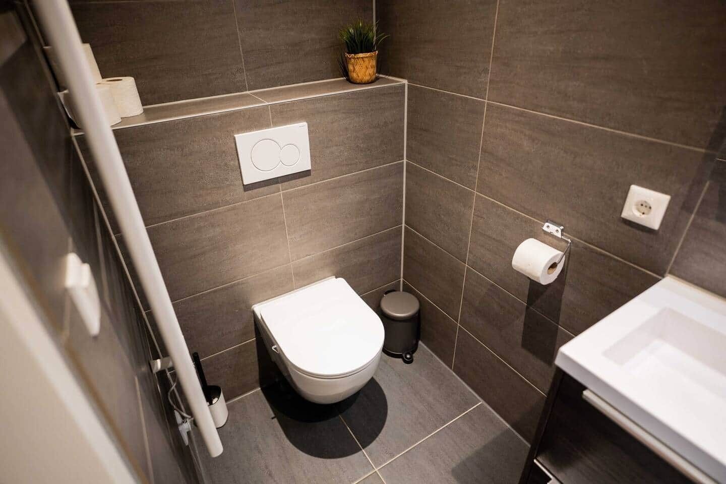 A modern bathroom with a toilet, a trash bin, a toilet paper holder, and a small potted plant.