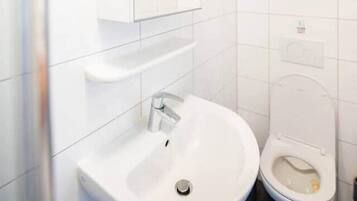 A bathroom with a white sink, a mirror, and a toilet.