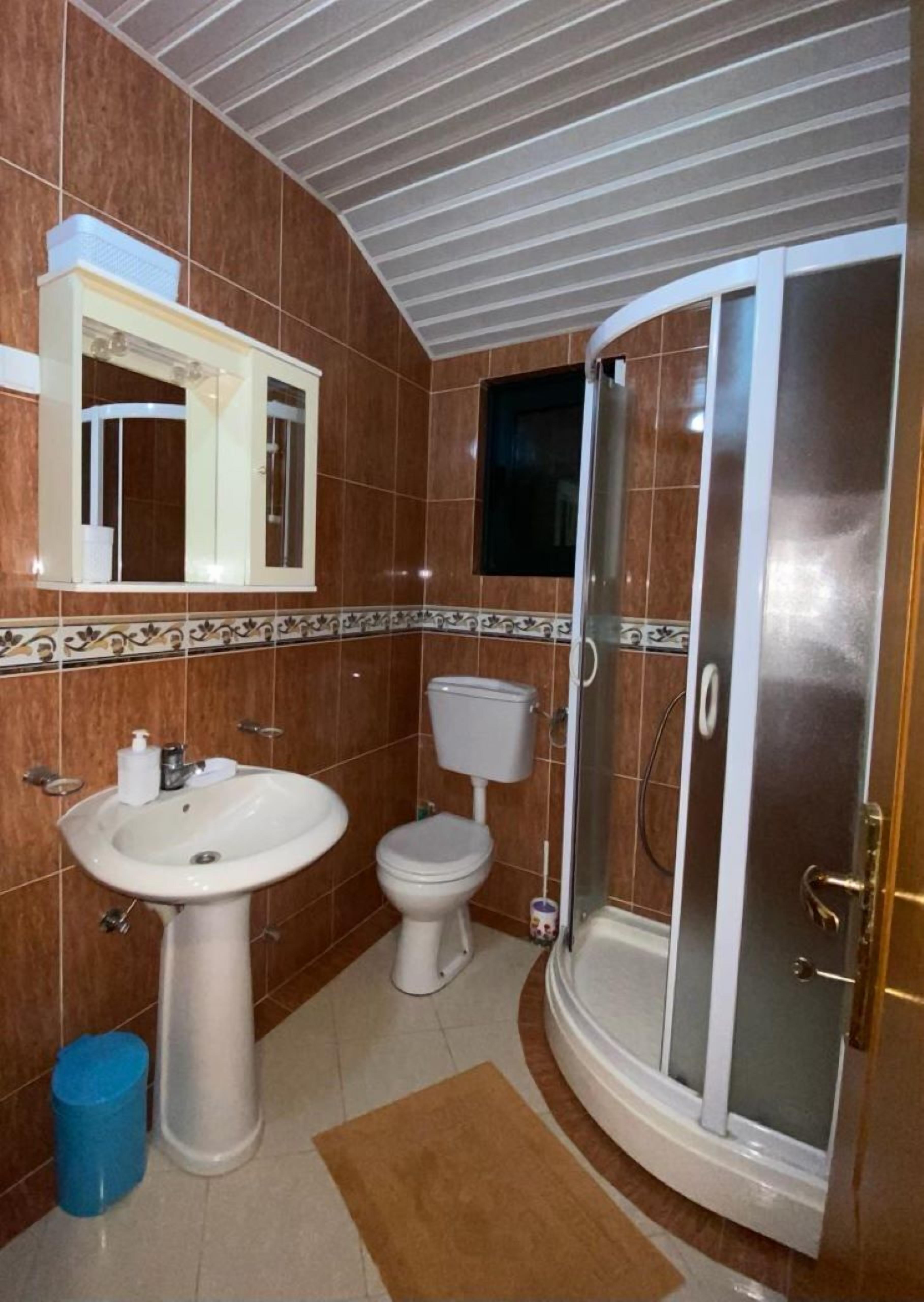 Une salle de bain avec un lavabo blanc, des toilettes et un espace douche.