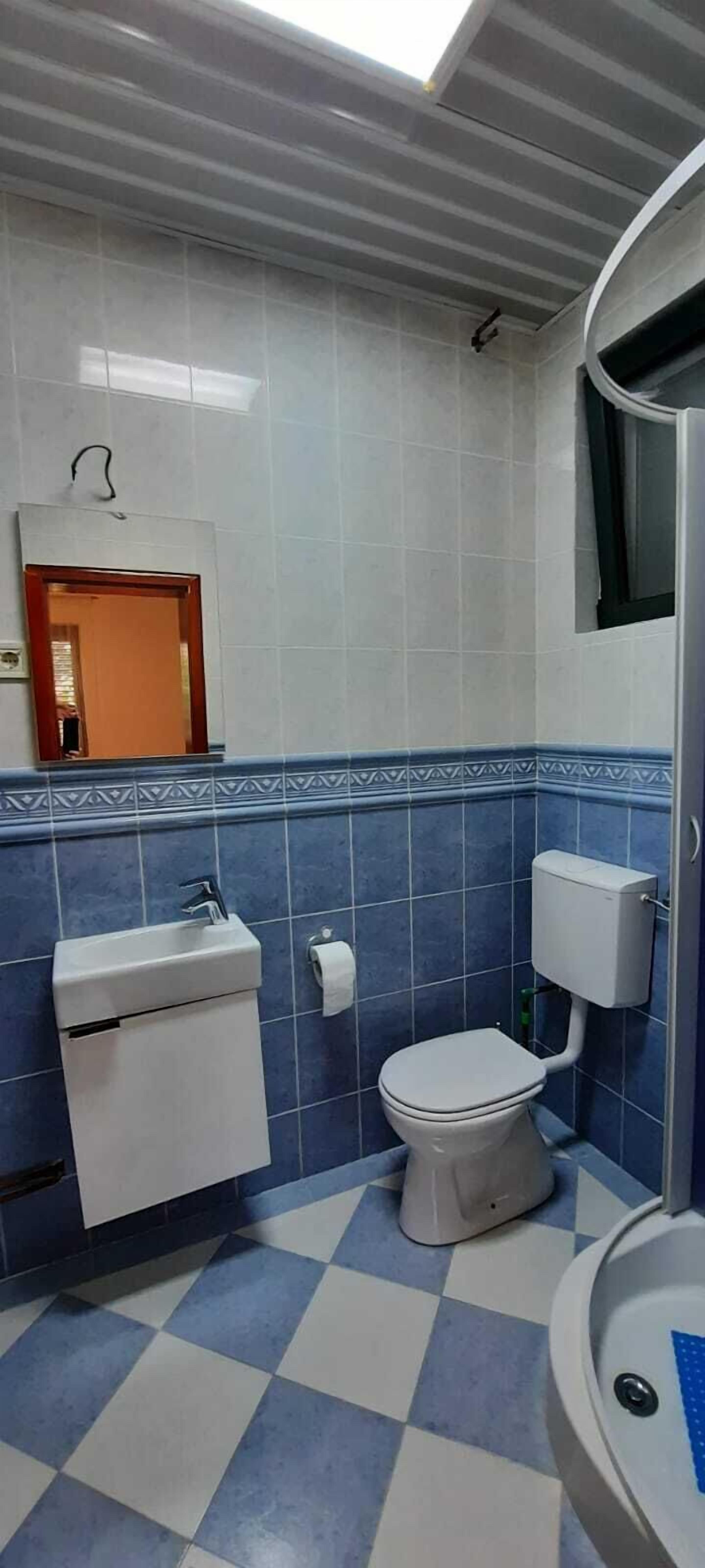 A bathroom with a toilet, sink, and mirror.