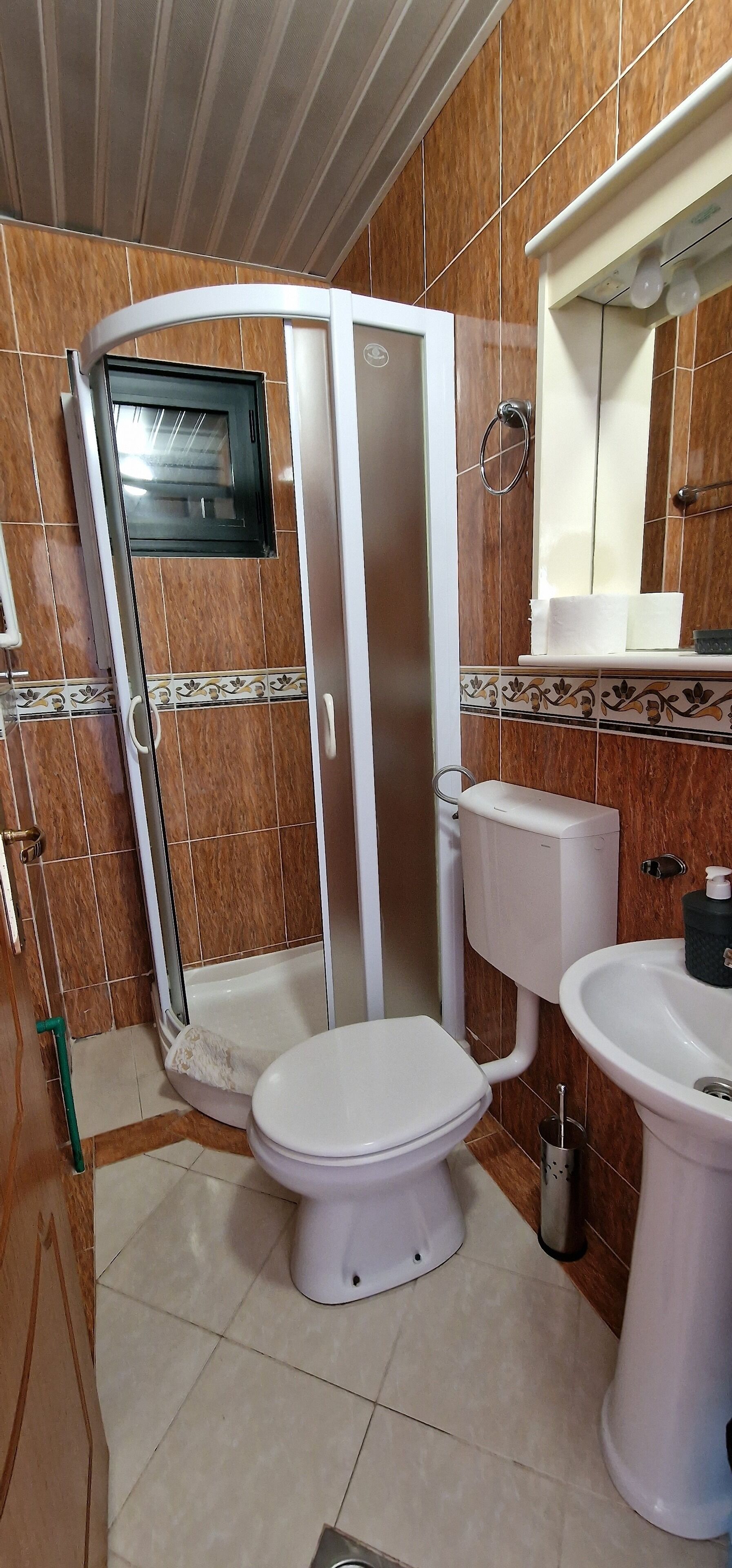 A bathroom with a toilet, sink, and shower enclosure.