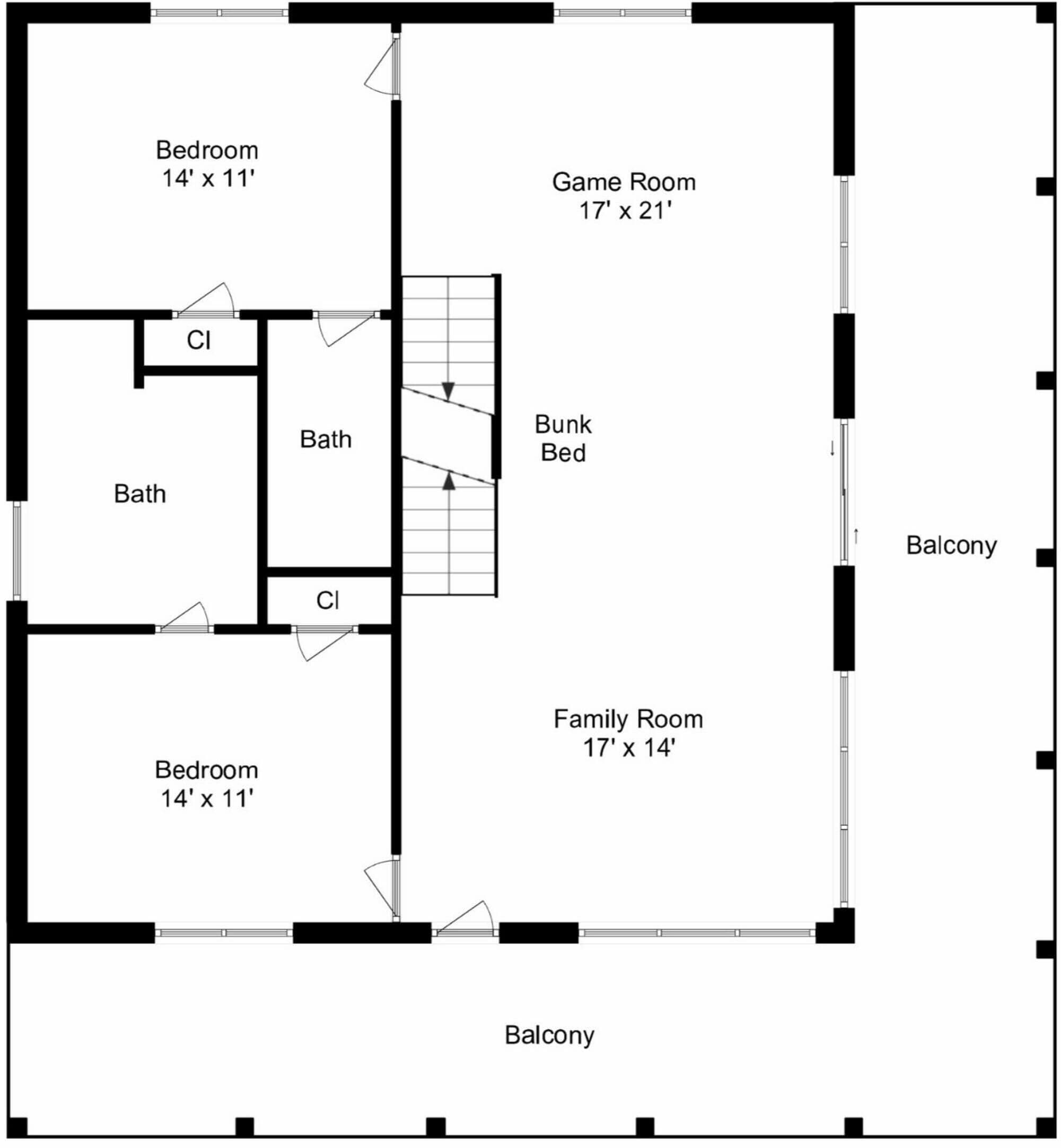 A floor plan with two bedrooms, a bathroom, a game room, a family room, a bunk bed, and a balcony.