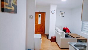 Un espacio habitable compacto con kitchenette, comedor y una pequeña zona de estar.