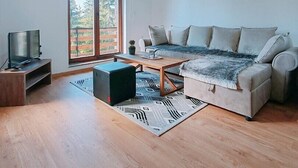 Una sala de estar moderna con un sofá, una mesa de centro y un televisor sobre un mueble de madera.