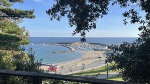 A coastal view with a marina, beach, and a wooden railing in the foreground. - Malabar House (Lyme Regis)