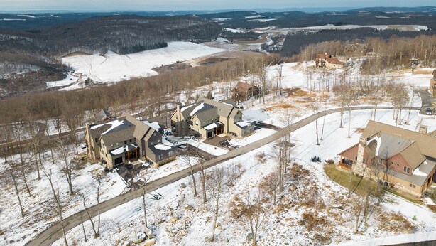 A residential area with multiple houses, a winding road, and a snowy landscape.