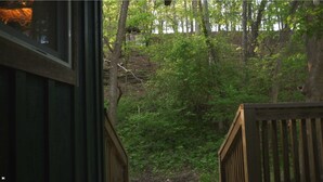A wooden deck leading into a forested area with dense green foliage. - White Oak Creek Cabin (Harrison)