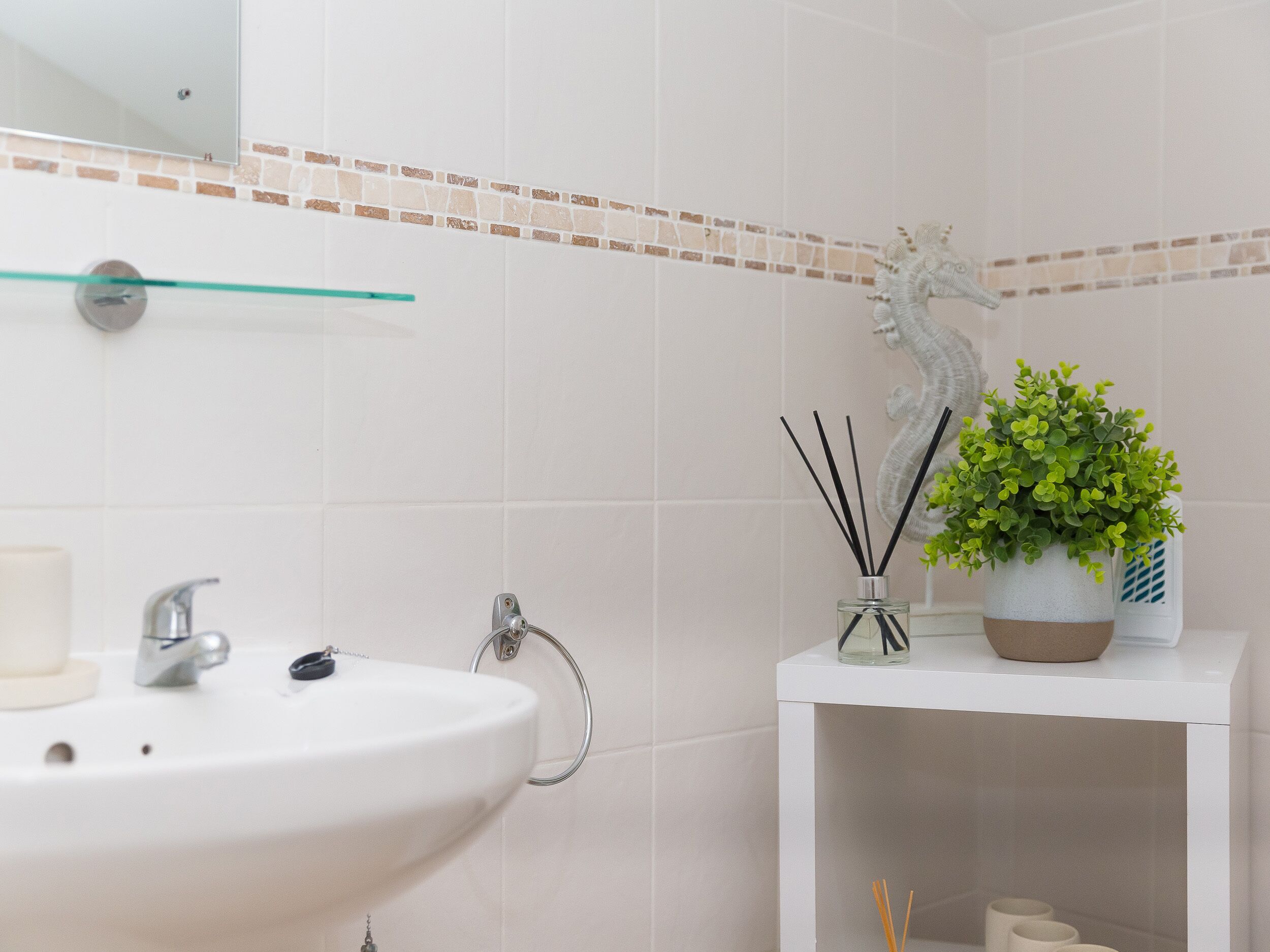 A bathroom with a white sink, a glass shelf, a mirror, a decorative plant, and a small shelf with toiletries.