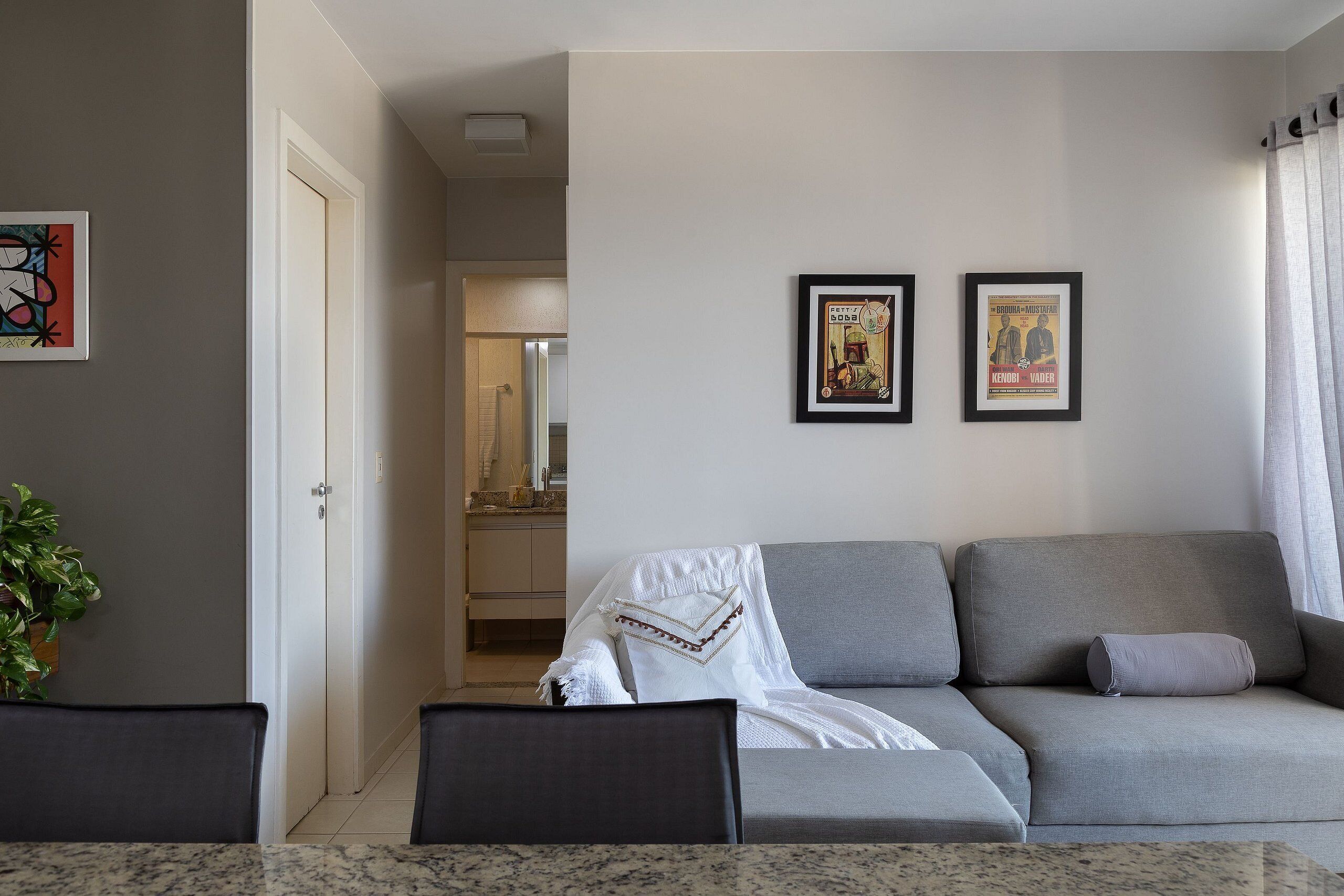A modern living room with a grey sofa, a white throw blanket, and two framed pictures on the wall.