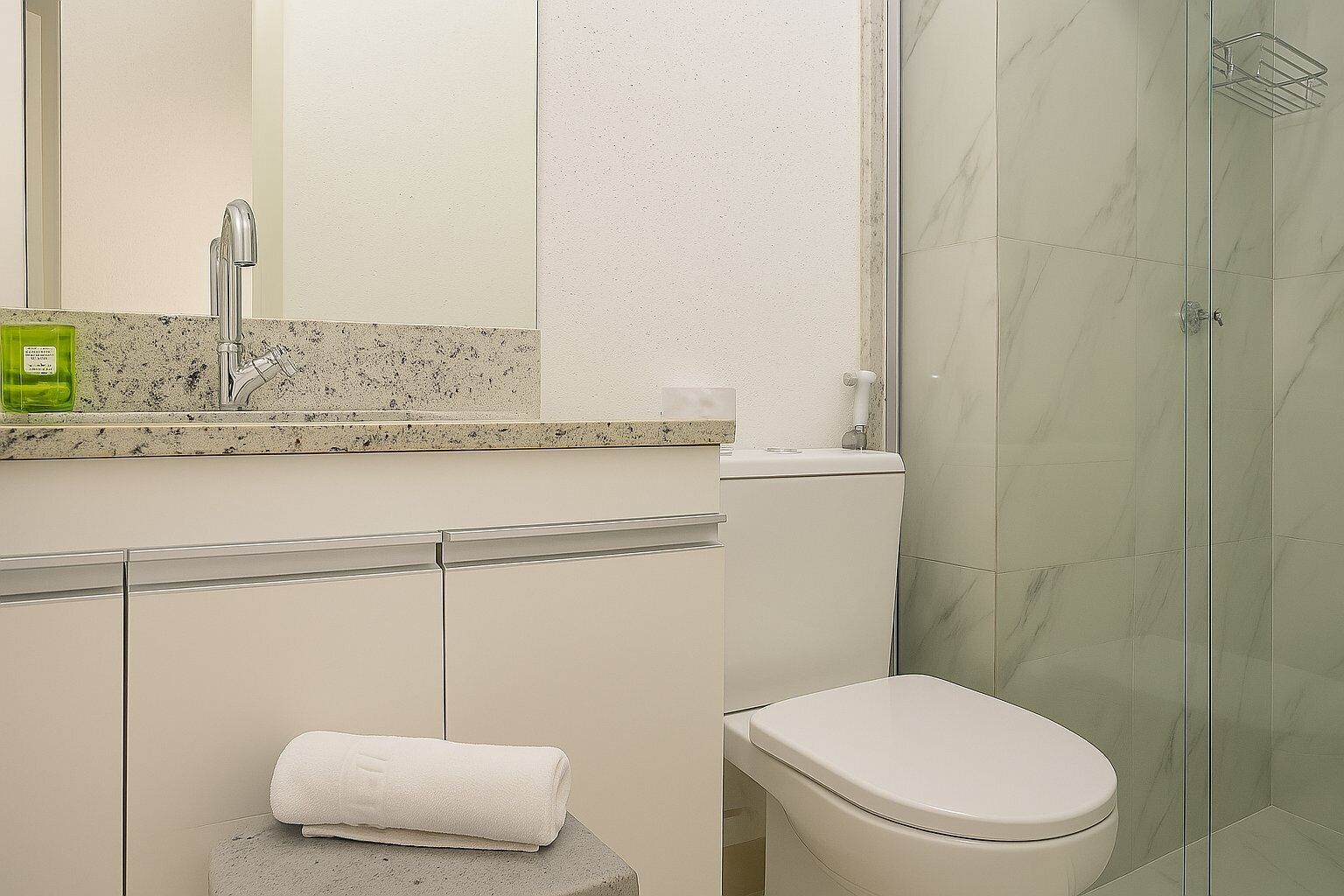 Un baño con inodoro, lavabo con espejo, zona de ducha y una toalla sobre un taburete.