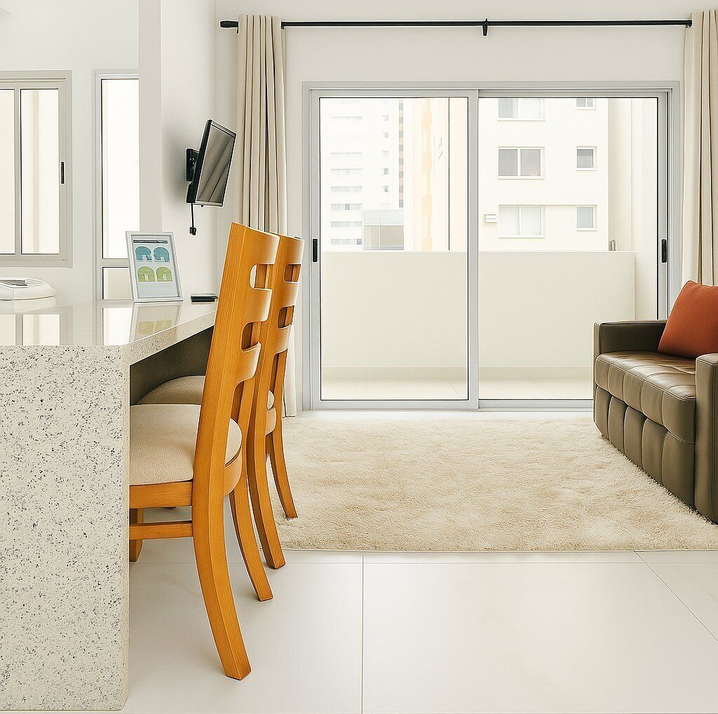 A modern living room with a large sliding glass door to a balcony, a wooden dining table with chairs, a sofa with a cushion, and a mounted flat-screen TV.