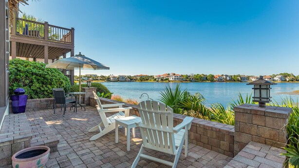 A patio with outdoor furniture, a view of a lake, and a distant shoreline with houses.