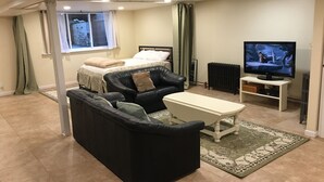 A compact living space with a sofa, a small table, a bed, a television, and a radiator. - 850sq. ft basement apartment in quiet area of Rock Creek Park (Washington)