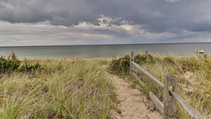 Un sendero arenoso con una valla de madera que conduce al mar bajo un cielo nublado.