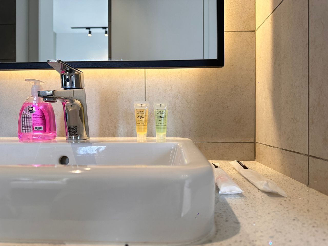 Un lavabo dans la salle de bain, avec un miroir au-dessus, un flacon rose de savon liquide et deux petits flacons de shampoing.