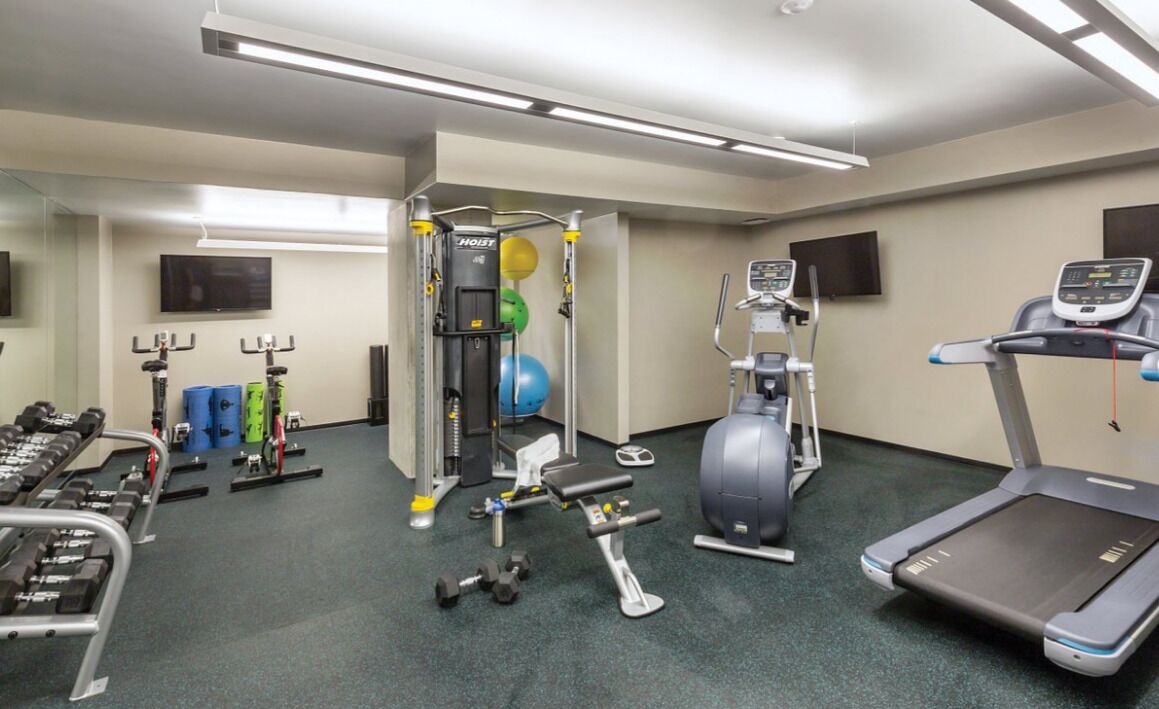 A gym with treadmills, weight machines, and free weights.