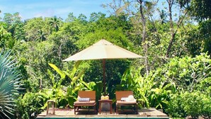 A pool with two lounge chairs and an umbrella, surrounded by lush greenery. - The Jungle Loft - Galle (Galle)
