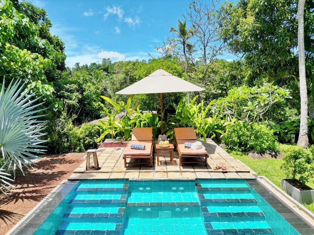 Outdoor pool, pool umbrellas, sun loungers