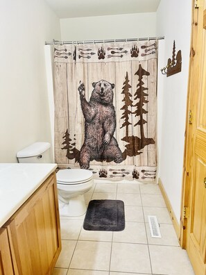 Hair dryer, towels, soap, shampoo
