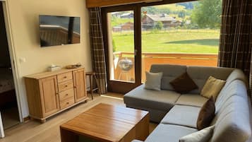 Smart TV, fireplace, books, stereo
