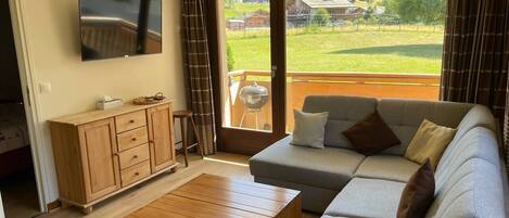 Smart TV, fireplace, books, stereo