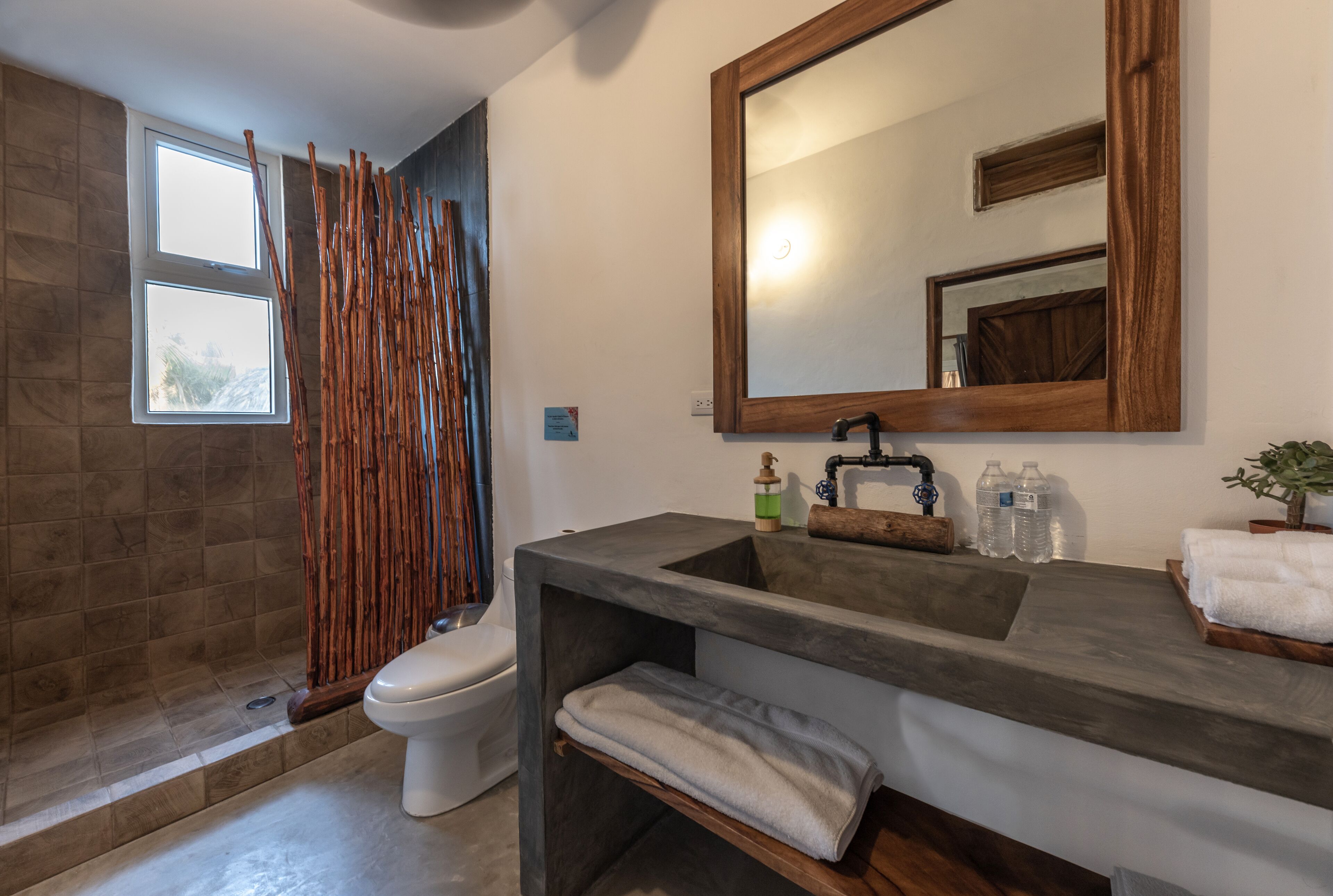 A bathroom with a shower, toilet, and a large mirror.