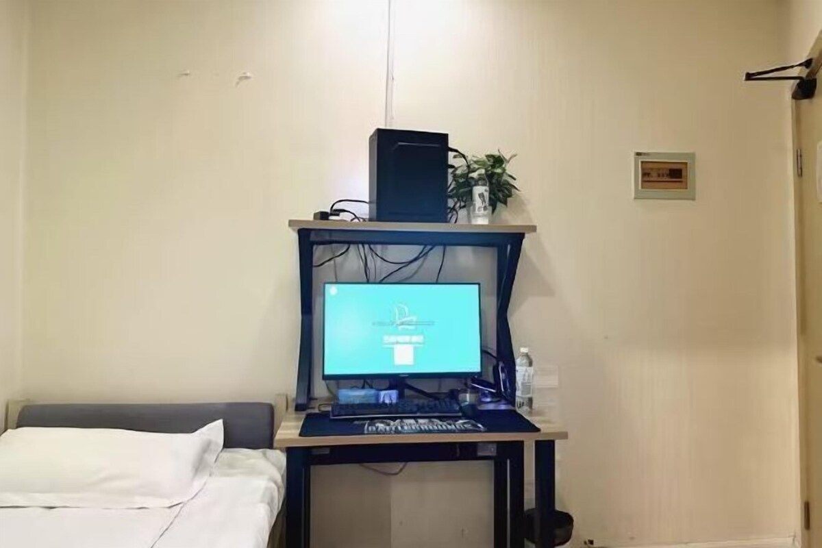 A room with a bed, a desk with a computer setup, and a small plant.
