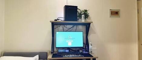 A room with a bed, a desk with a computer setup, and a small plant.