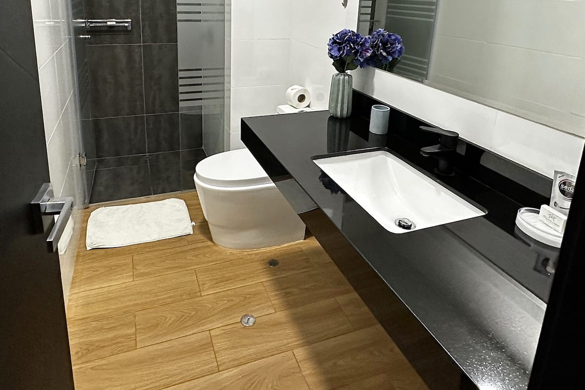 Premium-lejlighed | Badeværelse | Bruser, brusehoved med spredningseffekt, hårtørrer, bidet