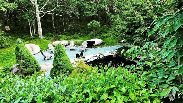 A garden with a pond, rocks, and chairs.