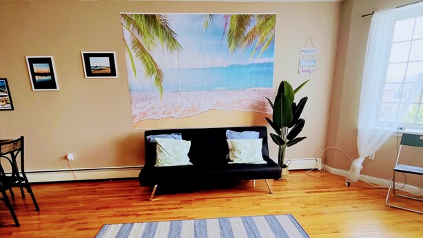 Ein Wohnzimmer mit einem Streifenmuster-Teppich, einer schwarzen Couch, einer Pflanze und einem Wandbehang im Strandhaus-Stil.