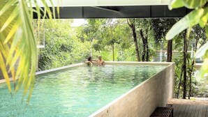 Ein rechteckiger Pool mit klarem Wasser, umgeben von üppigem Grün und einer Holzterrasse.