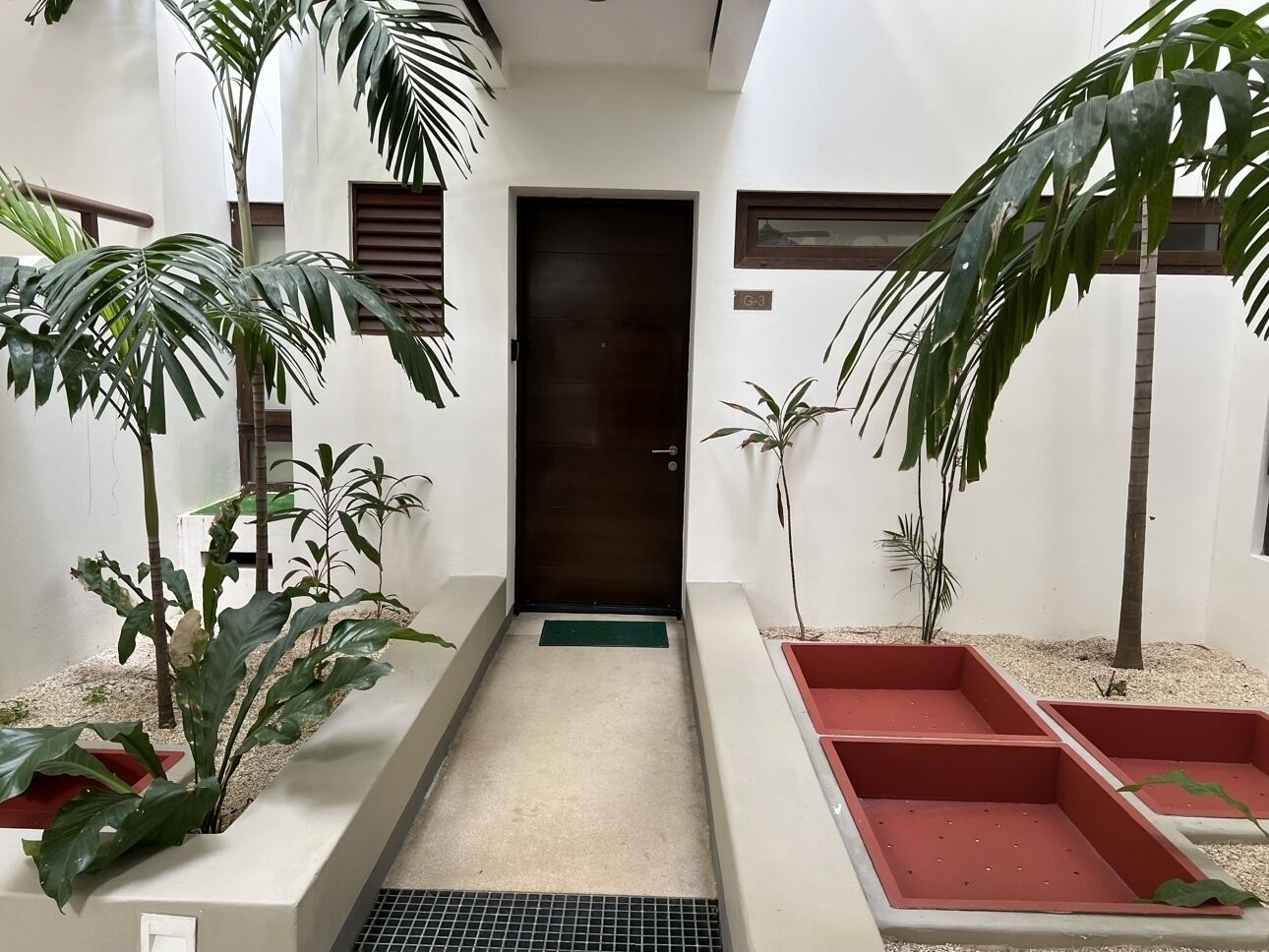 Un couloir étroit avec une porte sombre, bordé de plantes en pot et de jardinières rouges.