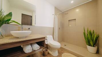 Shower, hair dryer, towels, soap