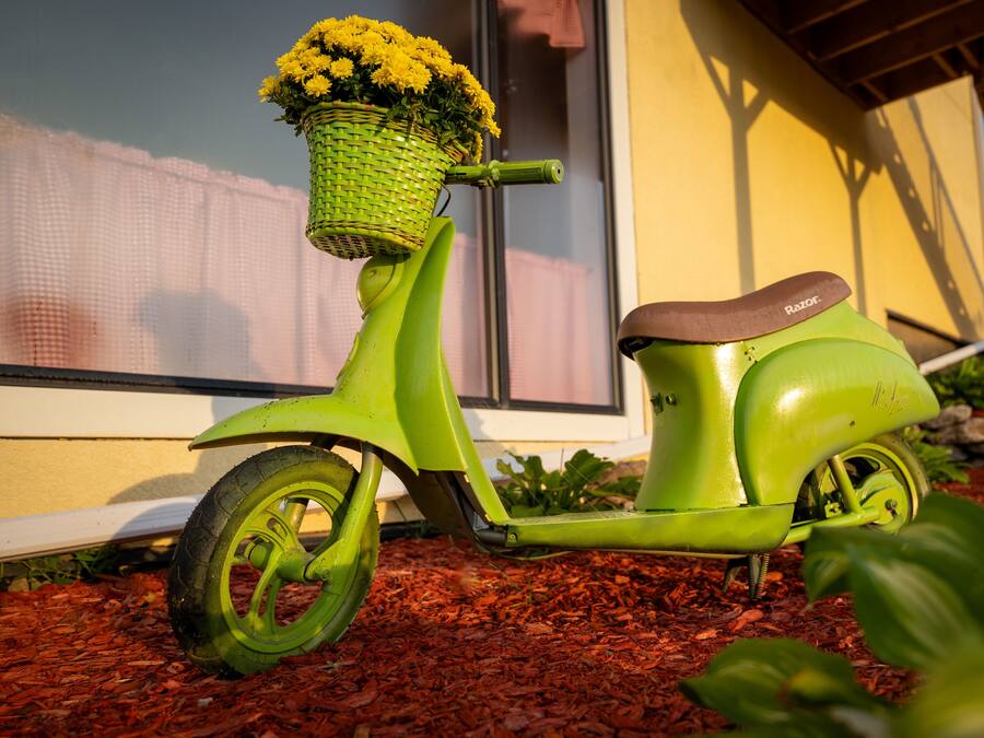 A green scooter with a basket of flowers parked on mulch in front of a building.