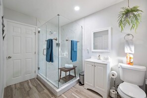 Shower, hair dryer, towels