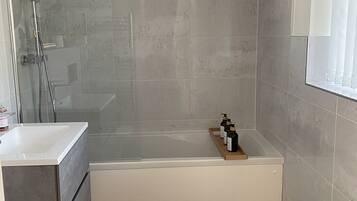 Hair dryer, towels, soap, shampoo