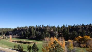 A golf course with a clear sky, trees, and a rocky cliff in the background.