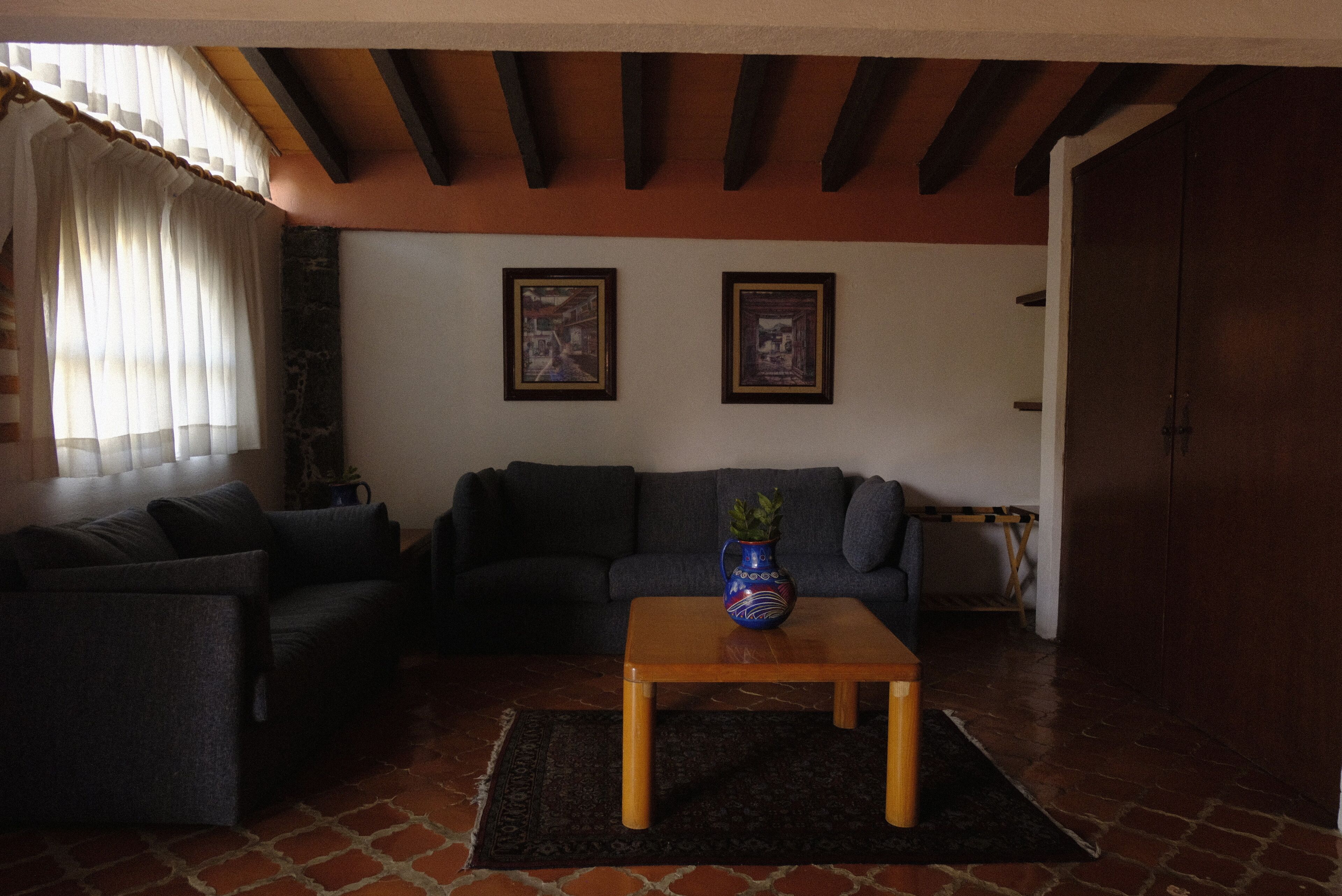 A living room with a sofa, a wooden coffee table, and two framed pictures on the wall.