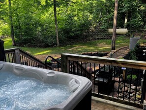 Outdoor spa tub - Pine Lane is your cozy, pet-friendly escape -w/ hot tub, fire pit, & peaceful vibes near Mohican (Butler)