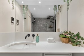 Hair dryer, towels, soap, shampoo