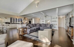 Smart TV, fireplace, books
