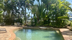 A clear swimming pool surrounded by palm trees and a brick patio with lounge chairs. - Tropic Towers: Cairns City Family Apartment (Cairns North)