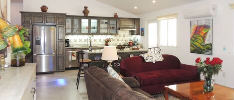 Smart TV, fireplace, books