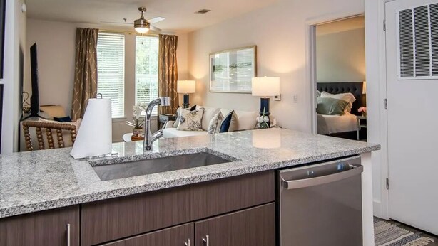 A modern kitchen with granite countertops, a built-in dishwasher, and a window with curtains. - Walk to the square and the grove! This 2BR 2BA is the perfect location.  (Oxford)