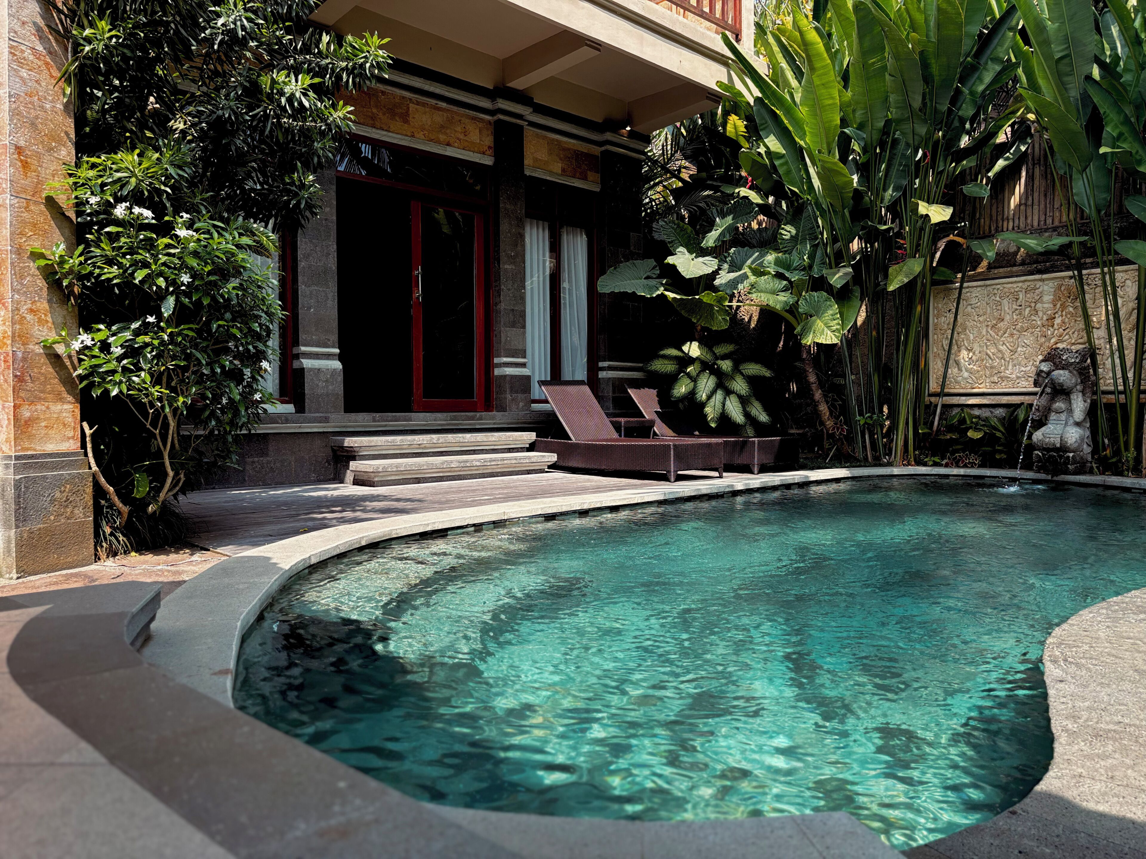 A clear swimming pool with steps leading to a covered area, surrounded by lush greenery and a stone wall.